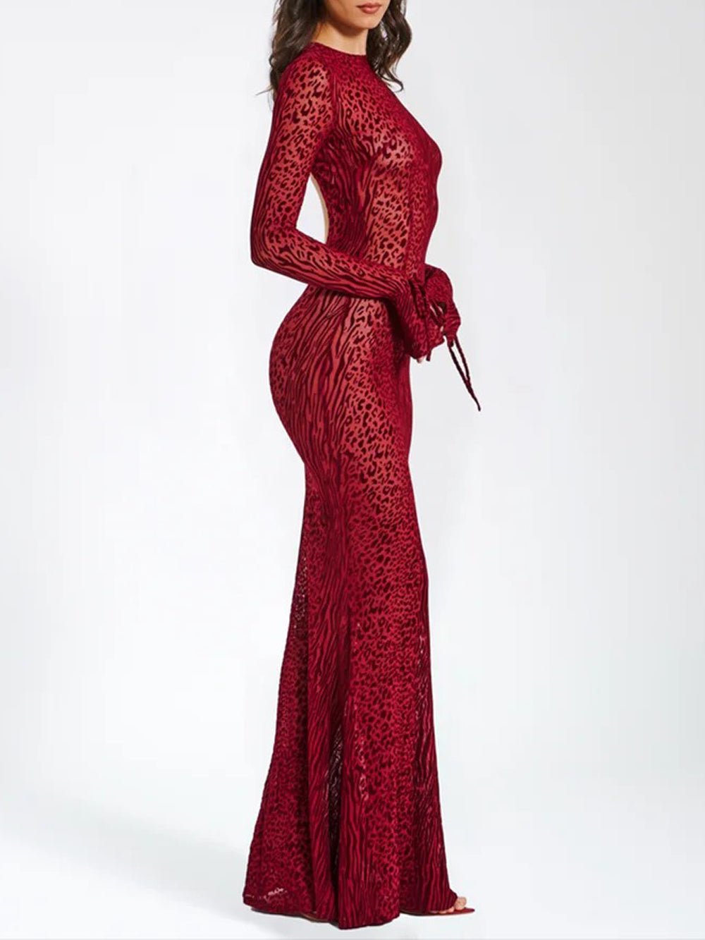 Red Mock Neck Long Sleeve Mesh Print Bodycon Maxi Dress 3