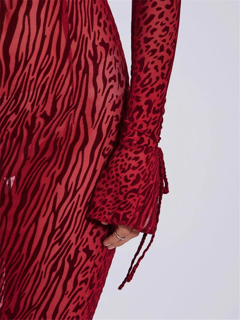 Red Mock Neck Long Sleeve Mesh Print Bodycon Maxi Dress 5