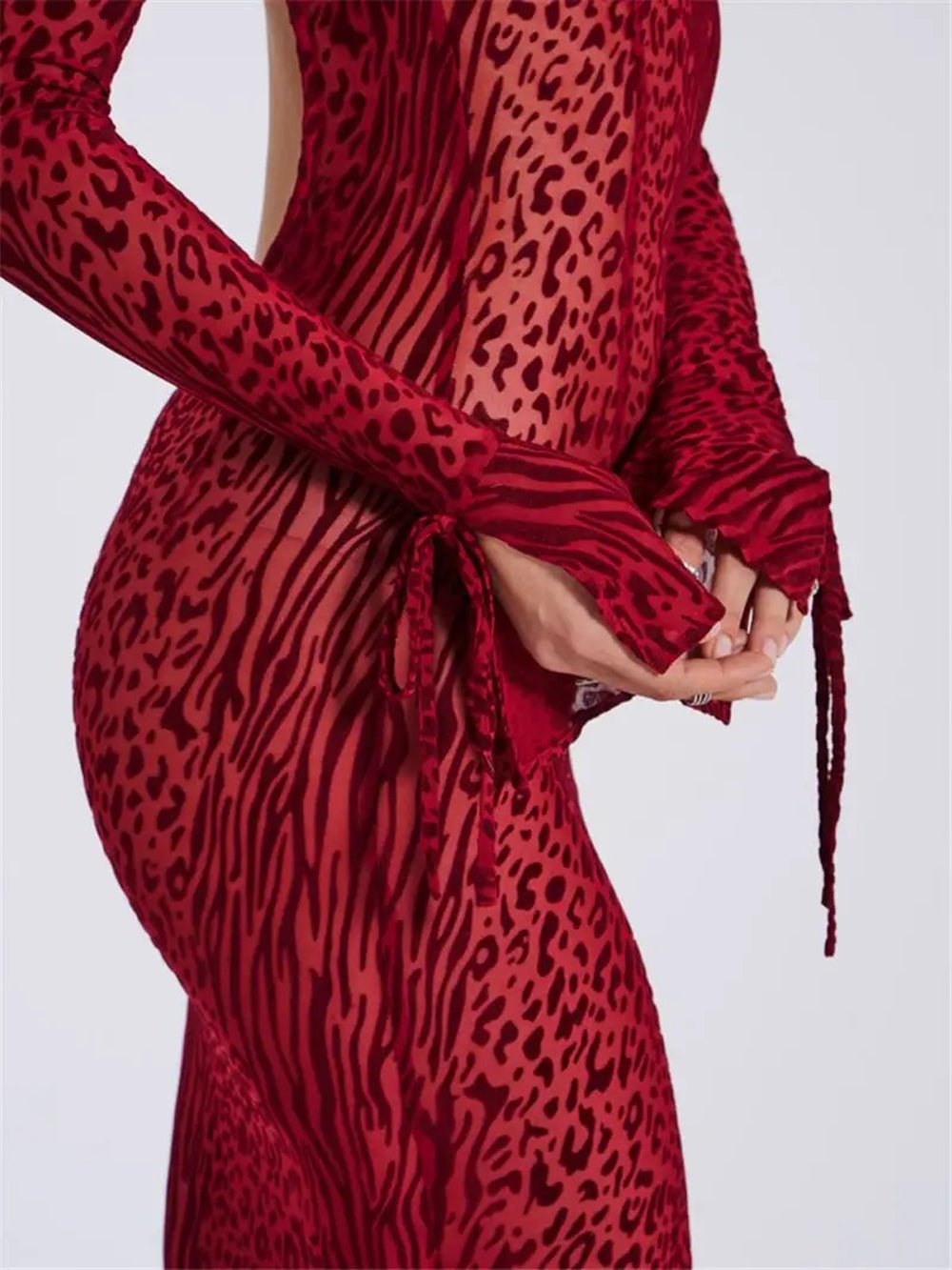 Red Mock Neck Long Sleeve Mesh Print Bodycon Maxi Dress 4