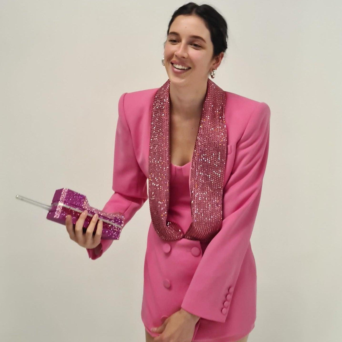 Pink Crystal Scarf Double Breasted Blazer Mini Dress