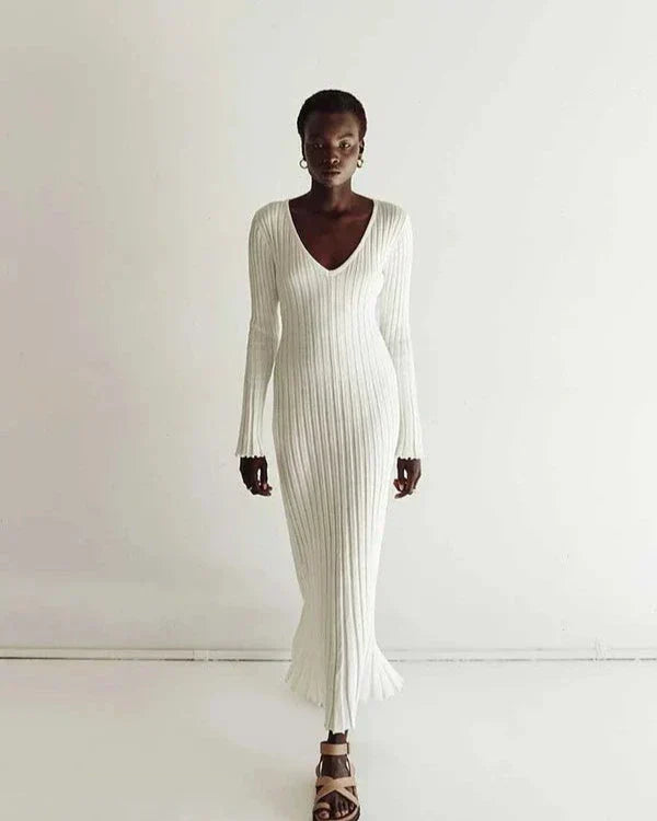 Zaira Long Sleeve Knit Midi Dress with V-neck for Women Stylish Outfit