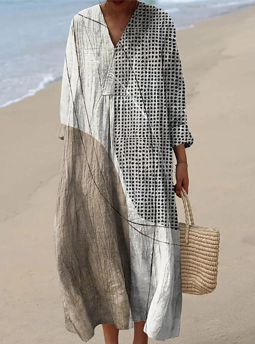 V-Neck Abstract Polka Dot Print Long Sleeve Loose Linen Midi Dress