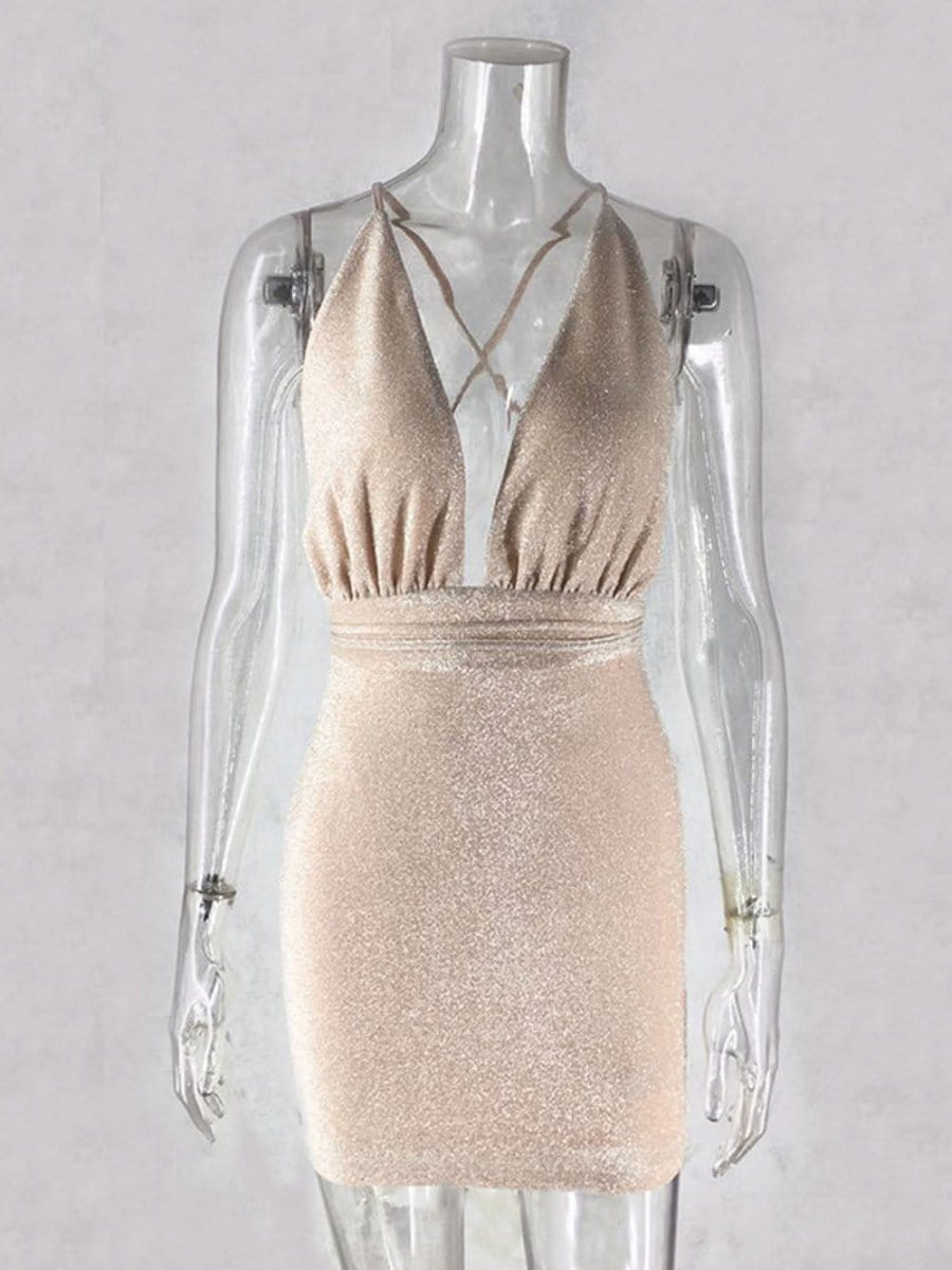 Halter Neck Deep V-Neck Glitter Knit Bodycon Mini Mini Dress 6
