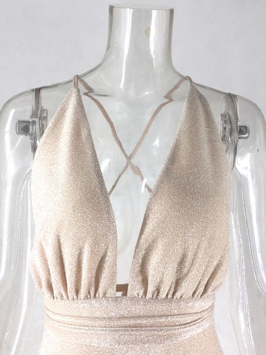Halter Neck Deep V-Neck Glitter Knit Bodycon Mini Mini Dress 9