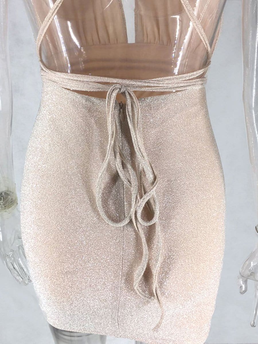 Halter Neck Deep V-Neck Glitter Knit Bodycon Mini Mini Dress 10