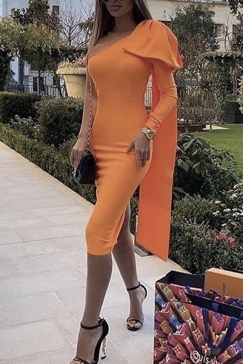 Lela Long Sleeve Bandage Midi Dress - Apricot Orange (Sale)