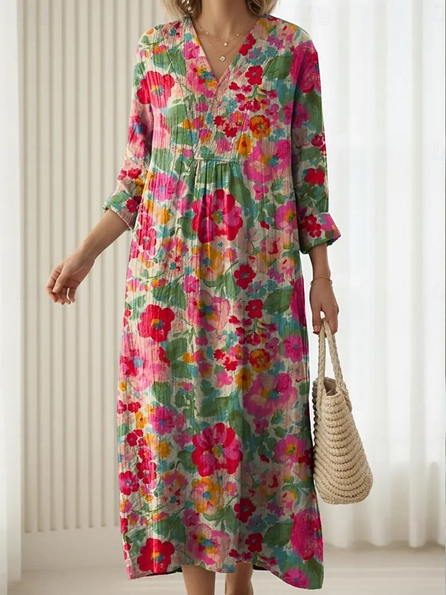 Dress Notch V-Neck Watercolor Floral Long Sleeve Shift Midi Dress