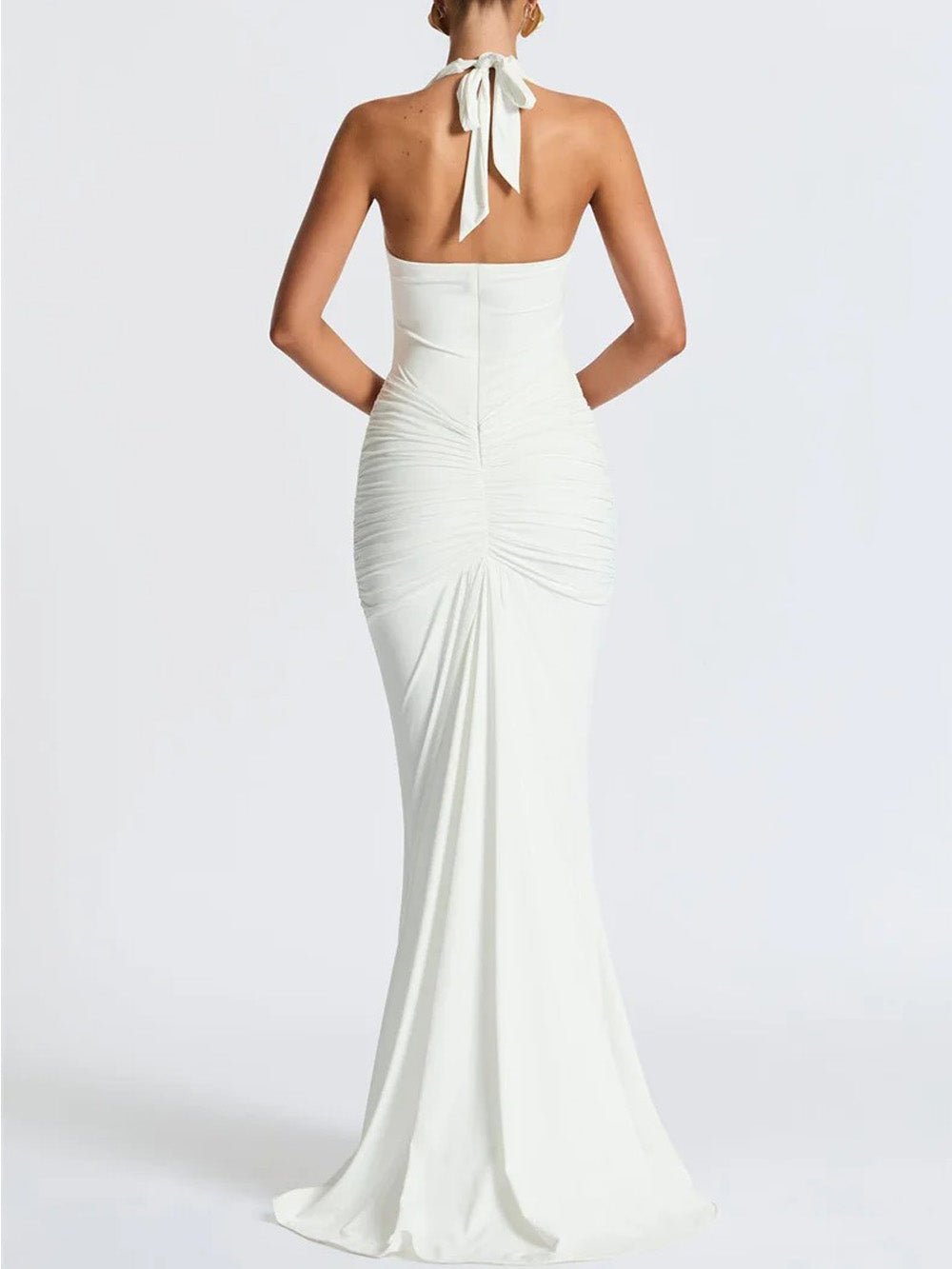 White Ruched Halter Neck Deep V-Neck Mermaid Maxi Dress 2