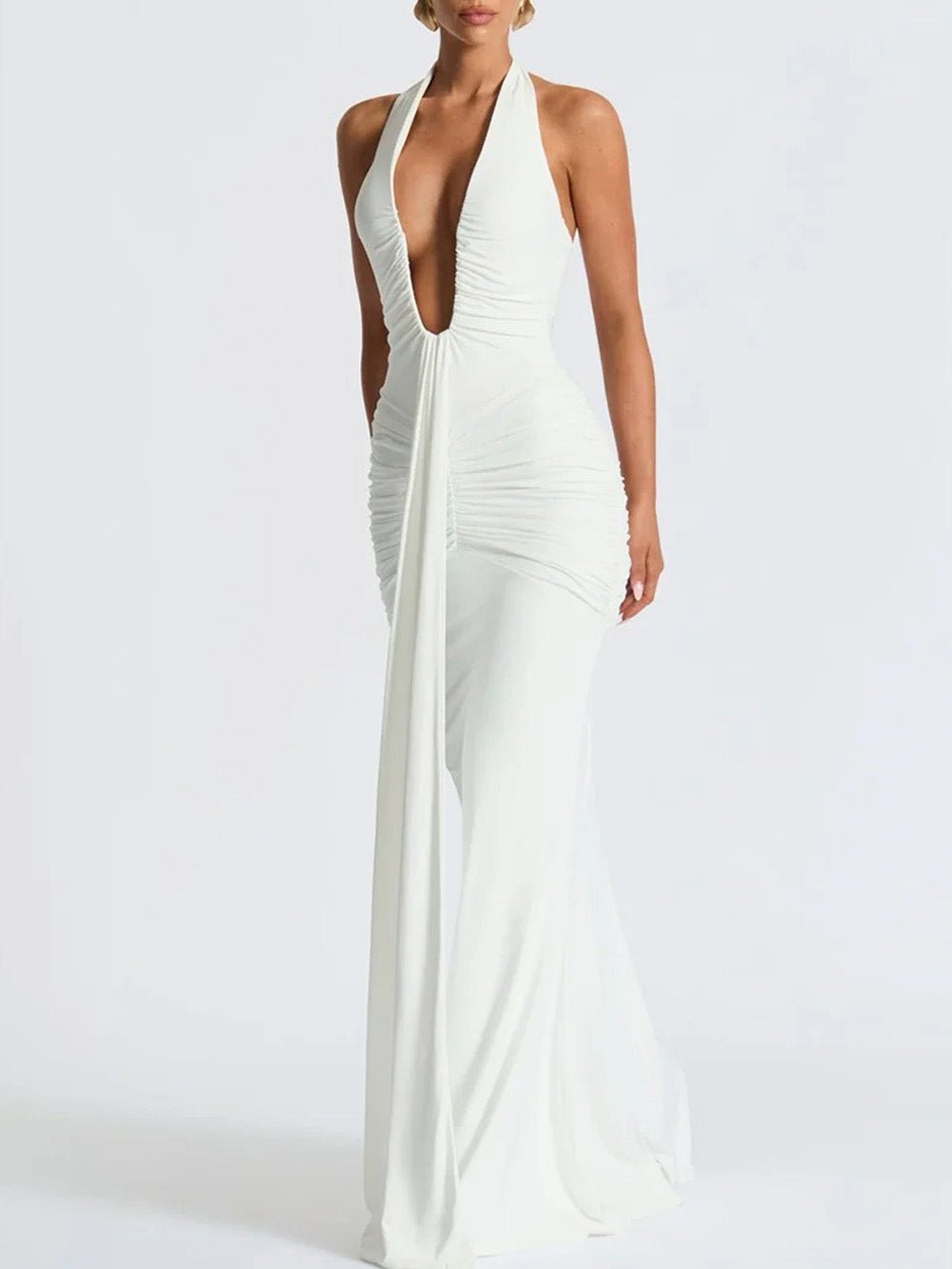 White Ruched Halter Neck Deep V-Neck Mermaid Maxi Dress 3