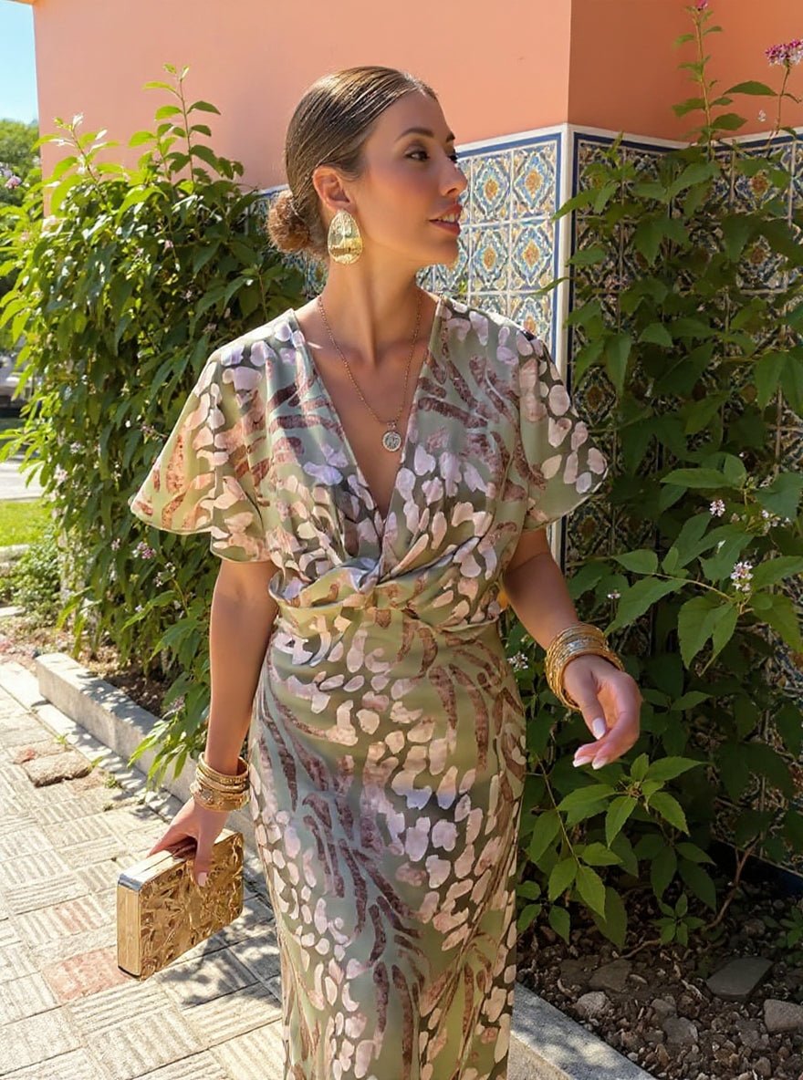 Deep V-Neck Twist Front Satin Animal Print Bodycon Midi Dress