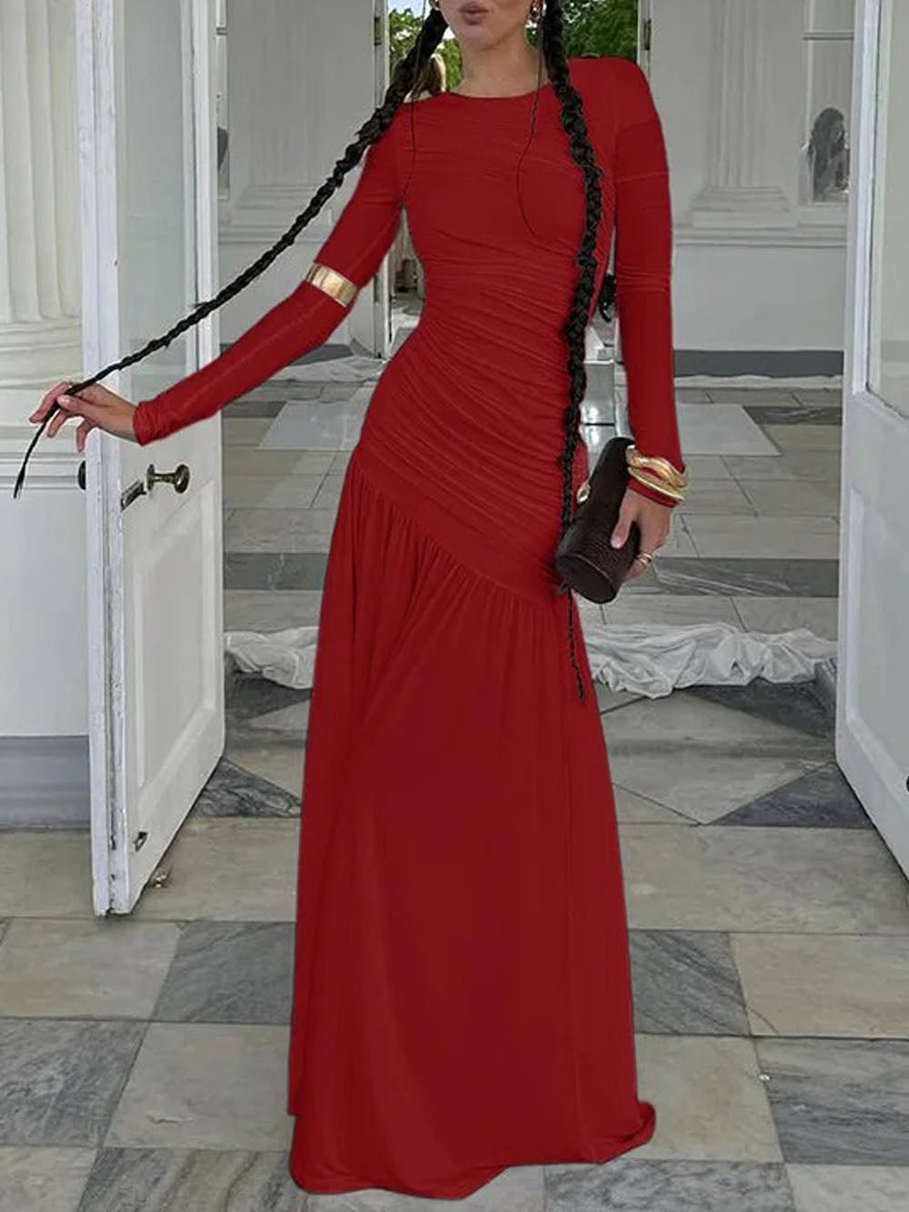 Long Sleeve Ruched Drop Waist Pleated Flowy Maxi Dress 15