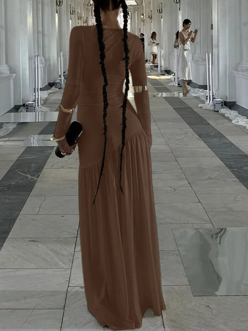 Long Sleeve Ruched Drop Waist Pleated Flowy Maxi Dress 2