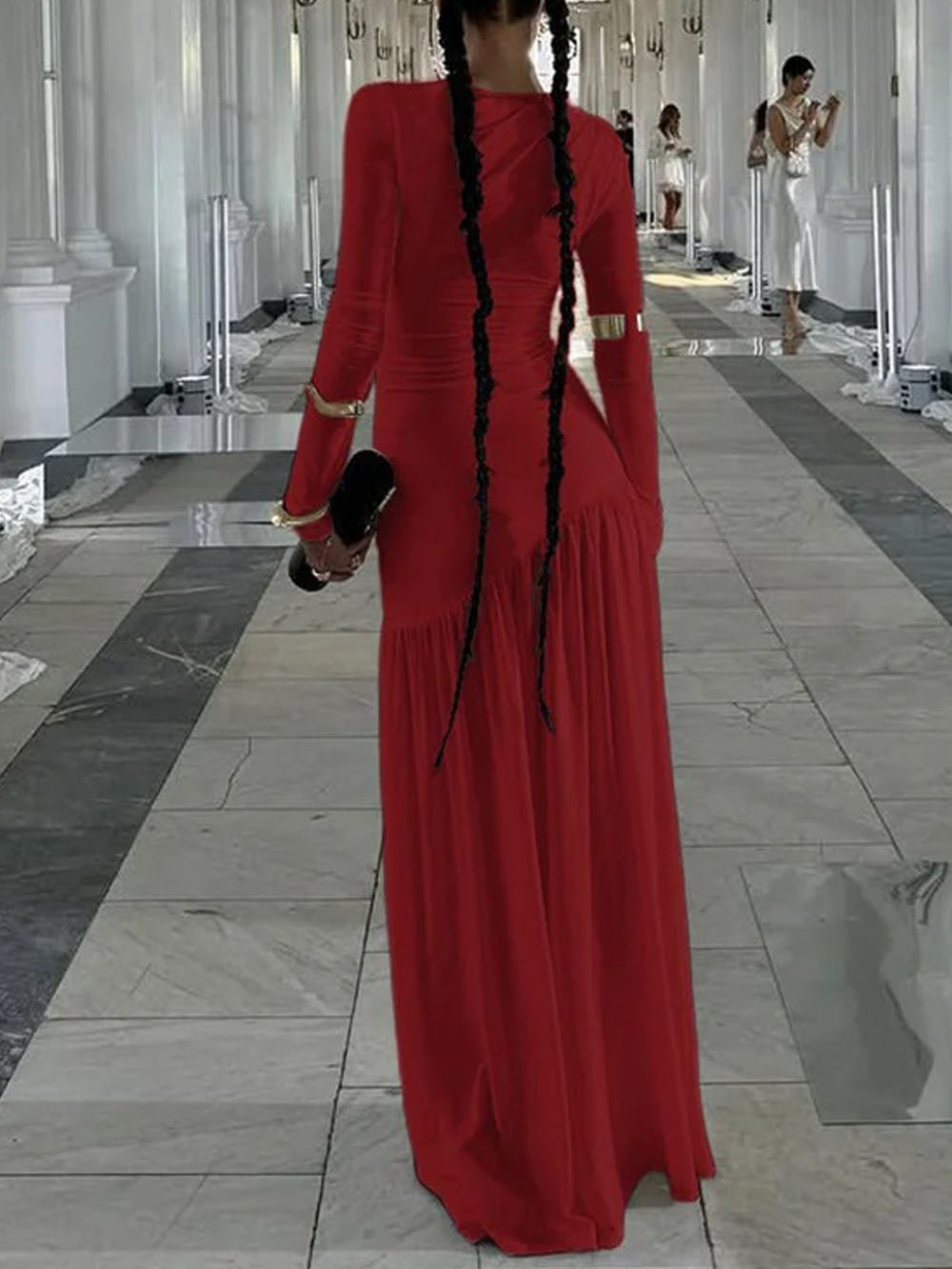 Long Sleeve Ruched Drop Waist Pleated Flowy Maxi Dress 14