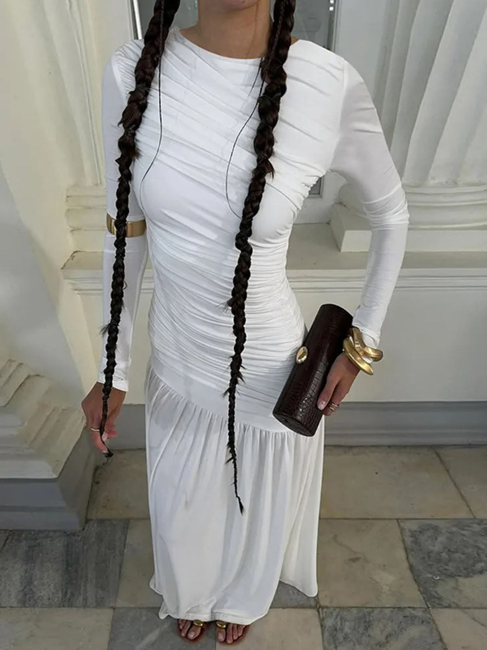 Long Sleeve Ruched Drop Waist Pleated Flowy Maxi Dress 11