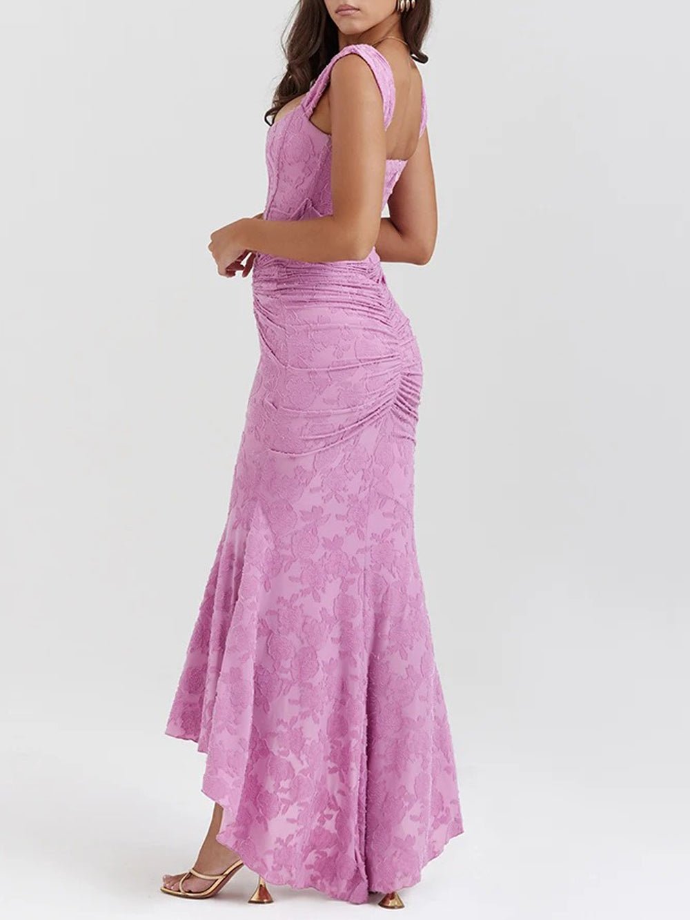 Purple Corset One Shoulder Jacquard Ruched High Low Mermaid Gown 3