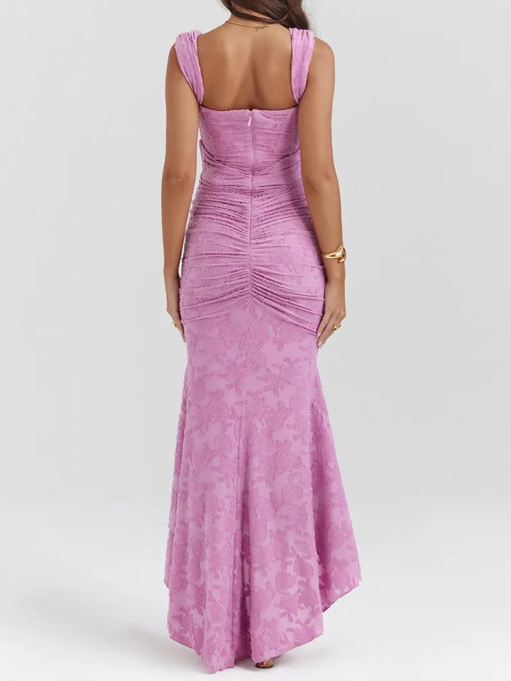 Purple Corset One Shoulder Jacquard Ruched High Low Mermaid Gown 2