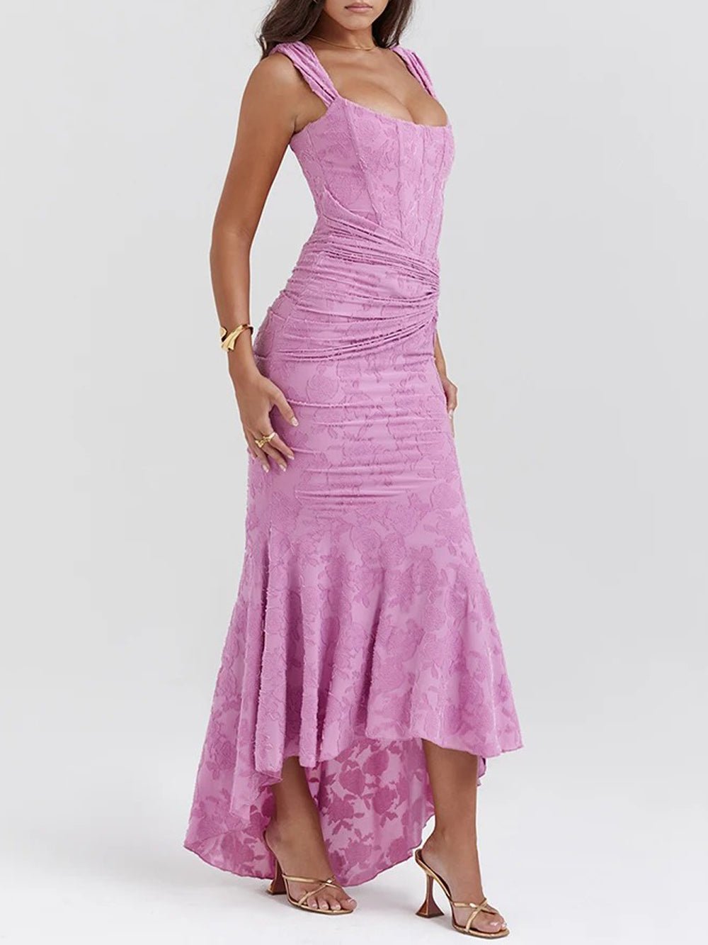Purple Corset One Shoulder Jacquard Ruched High Low Mermaid Gown 4