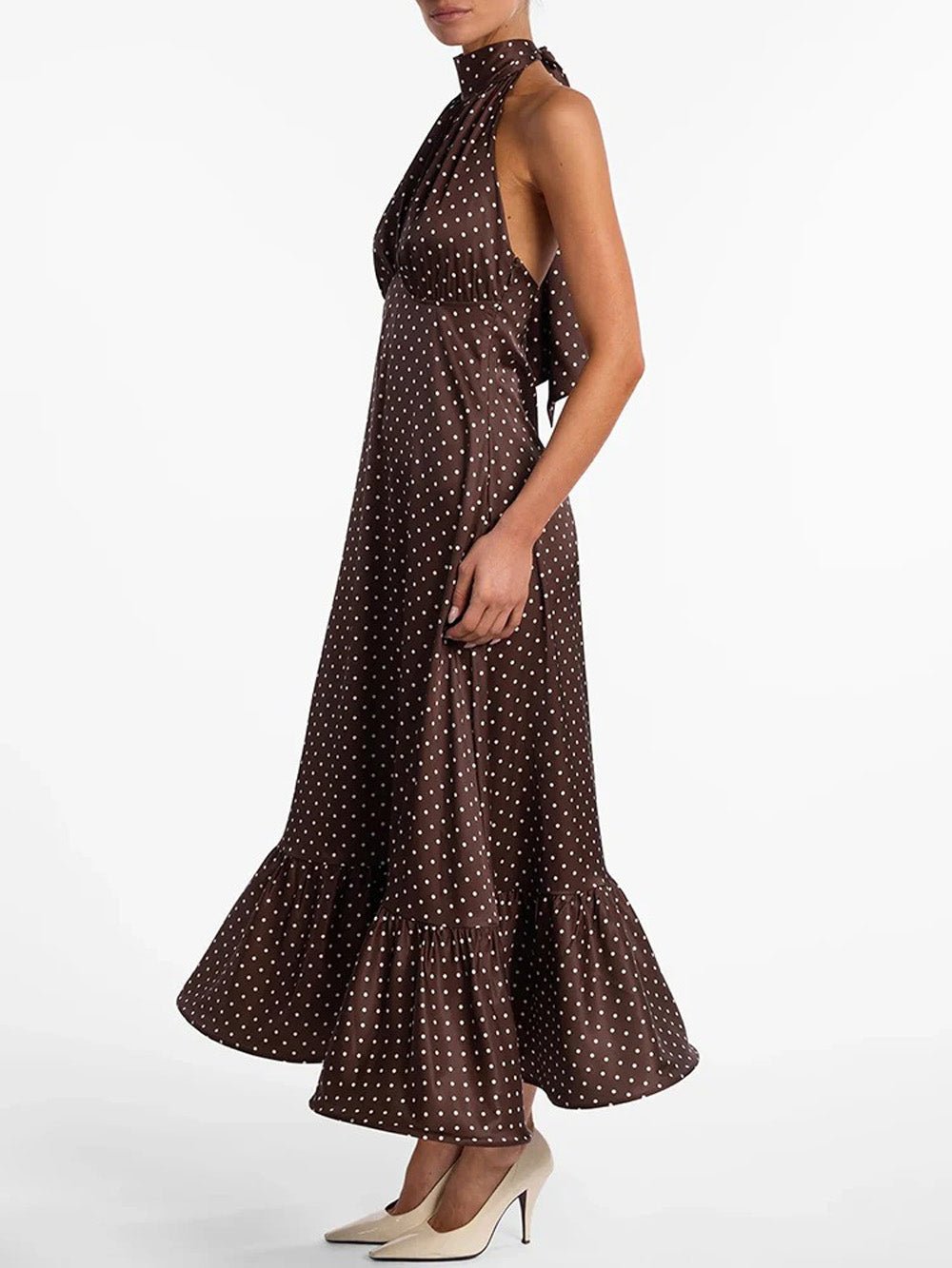 Brown Satin Halter Neck Gathered Bust Ruffle Hem Midi Dress 3