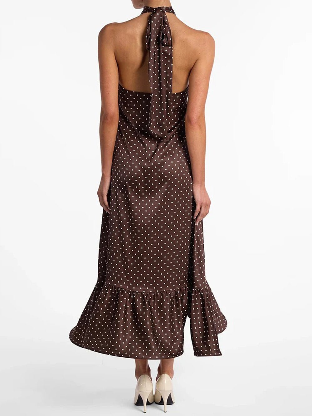 Brown Satin Halter Neck Gathered Bust Ruffle Hem Midi Dress 2