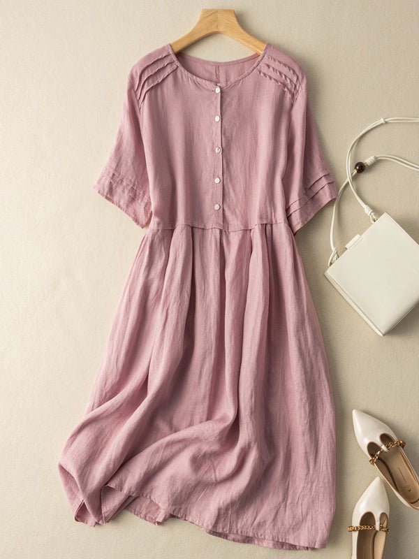 Ramie Linen Round Neck Shirt Dress Short Sleeve - Omychic