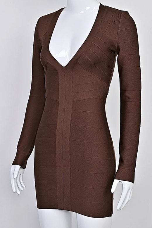 Lisa Long Sleeve Bandage Mini Dress - Chocolate Brown
