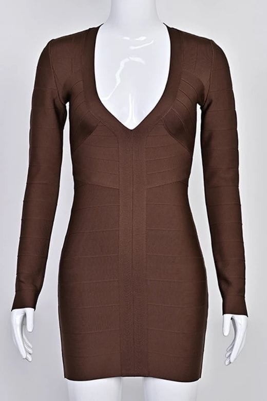 Lisa Long Sleeve Bandage Mini Dress - Chocolate Brown