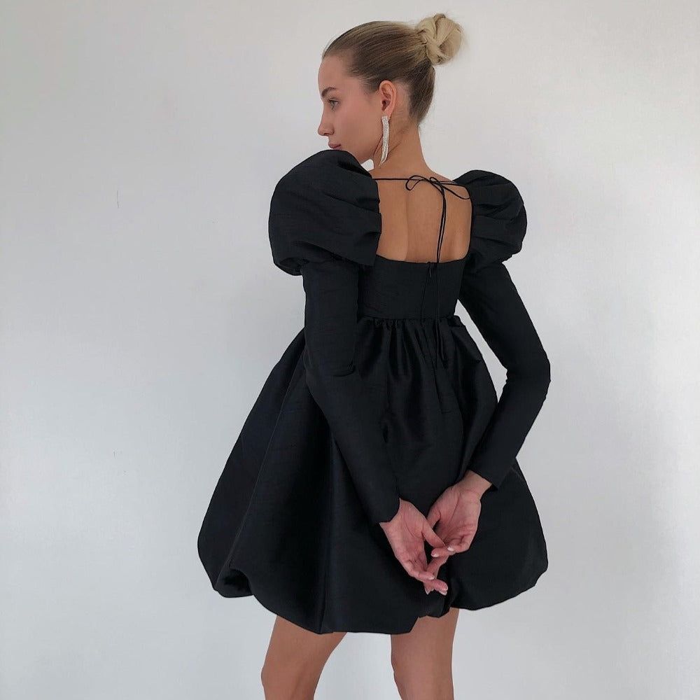 Black Square Neck Puff Sleeve Bubble Hem Babydoll Mini Dress