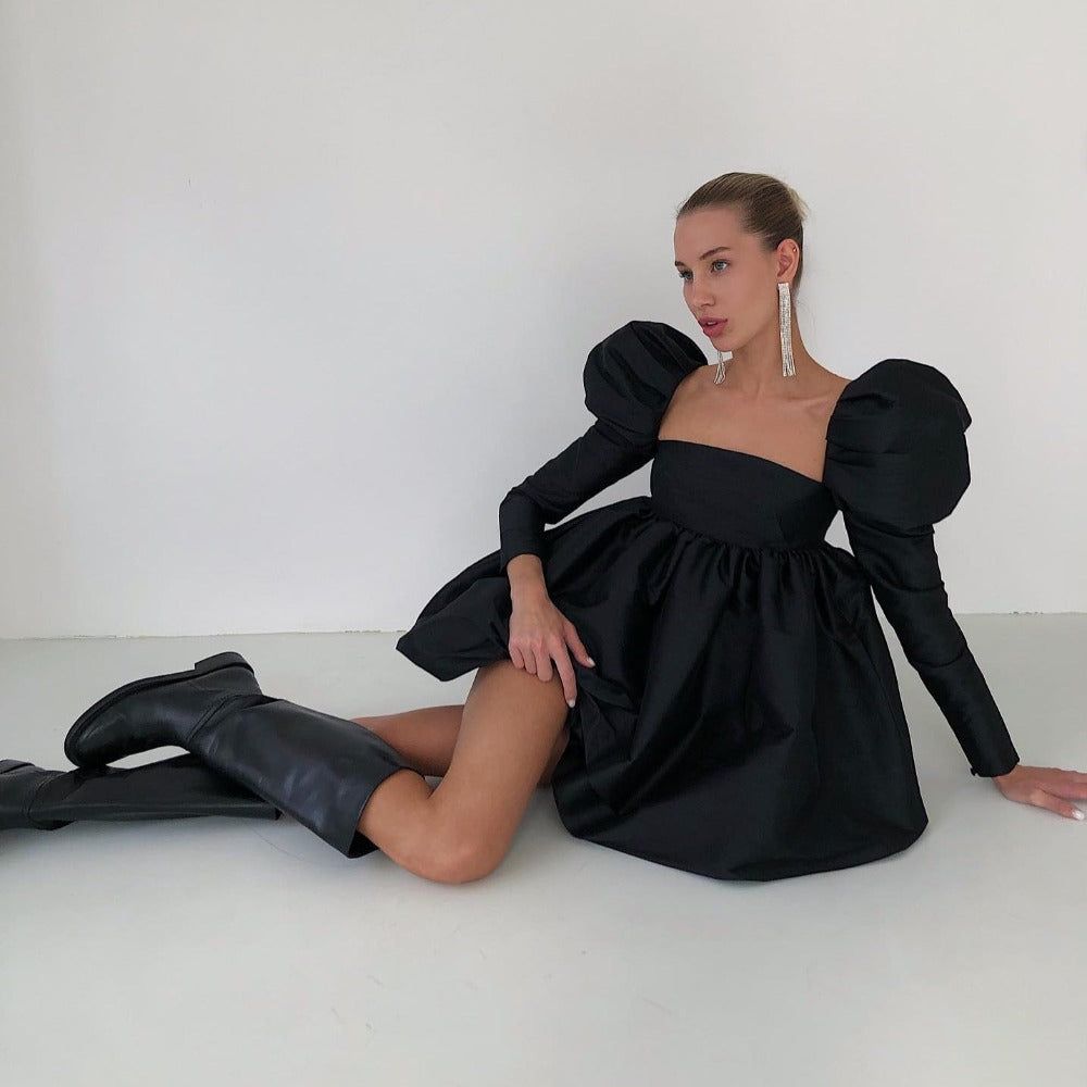 Black Square Neck Puff Sleeve Bubble Hem Babydoll Mini Dress