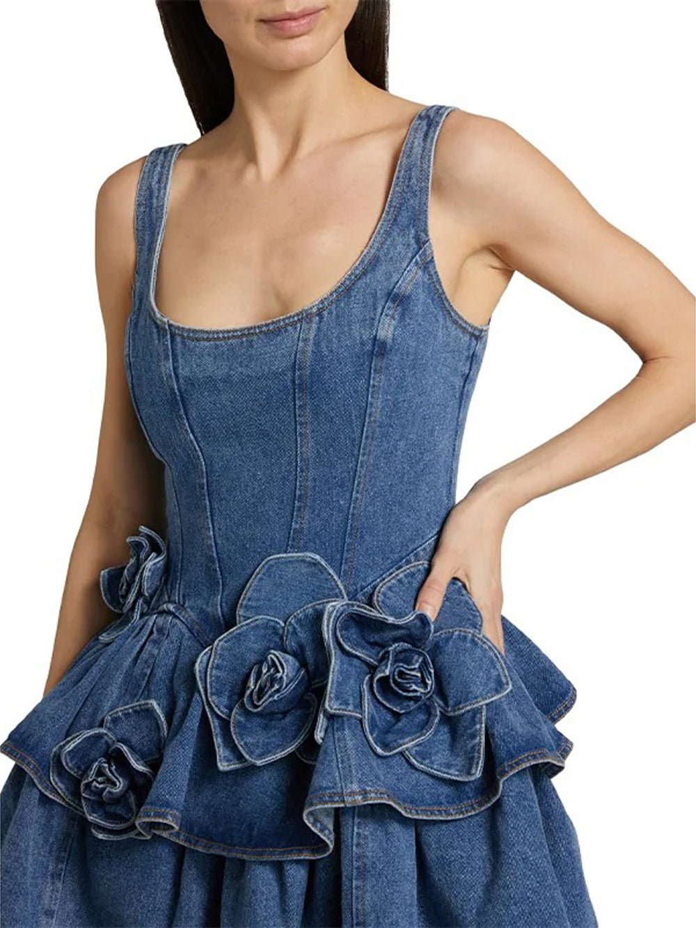 Blue Denim Corset Bodice Floral Applique Tiered Ruffle Mini Dress 3