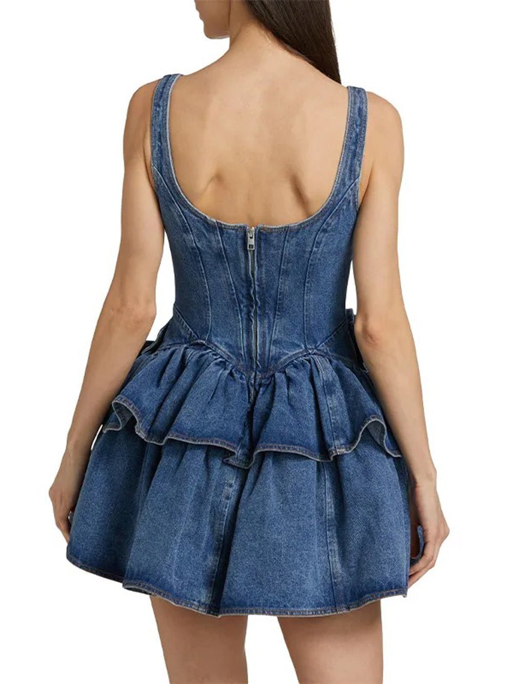 Blue Denim Corset Bodice Floral Applique Tiered Ruffle Mini Dress 2