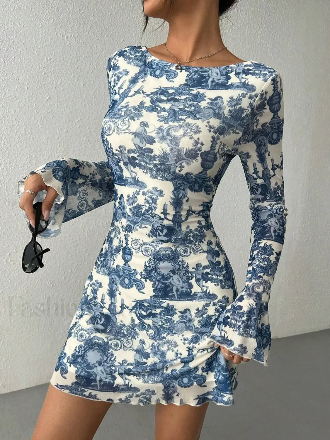Long Sleeve Bodycon Floral Dress Blue / S