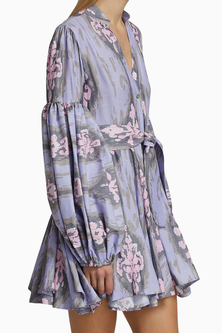 Purple Button Down Floral Print Balloon Sleeve Tie Waist Mini Dress