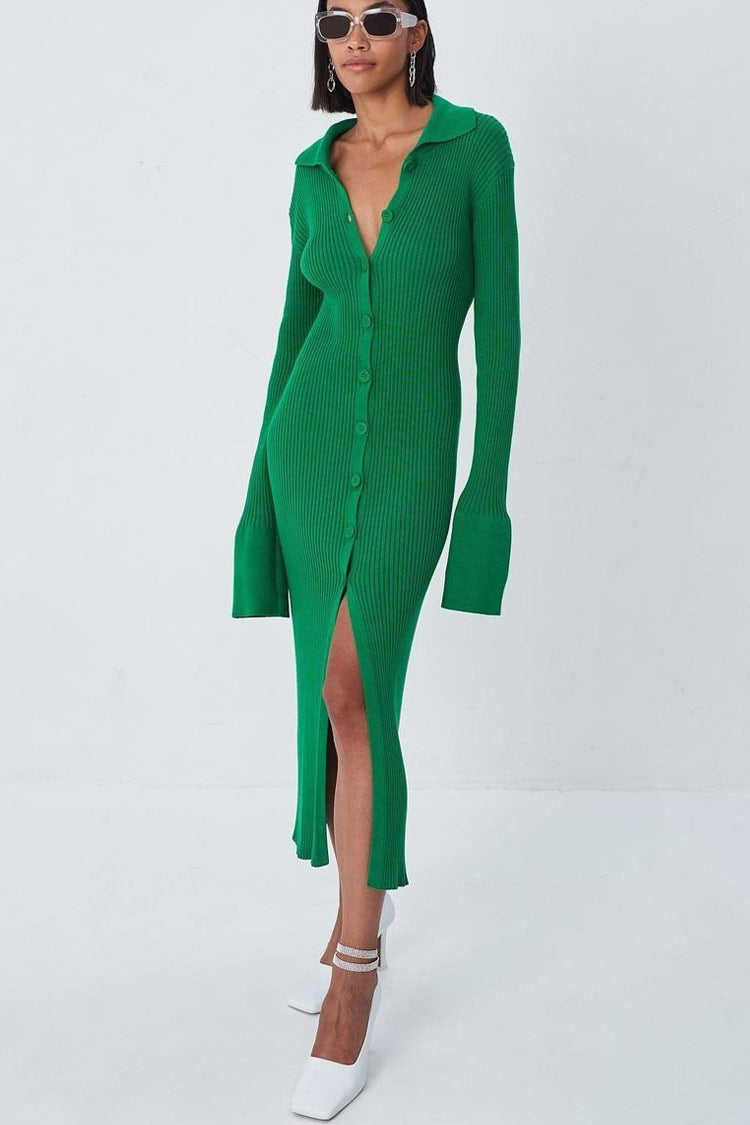 Emerald Green Collared Long Sleeve Button Ribbed Knit High Slit Bodycon Midi Dress