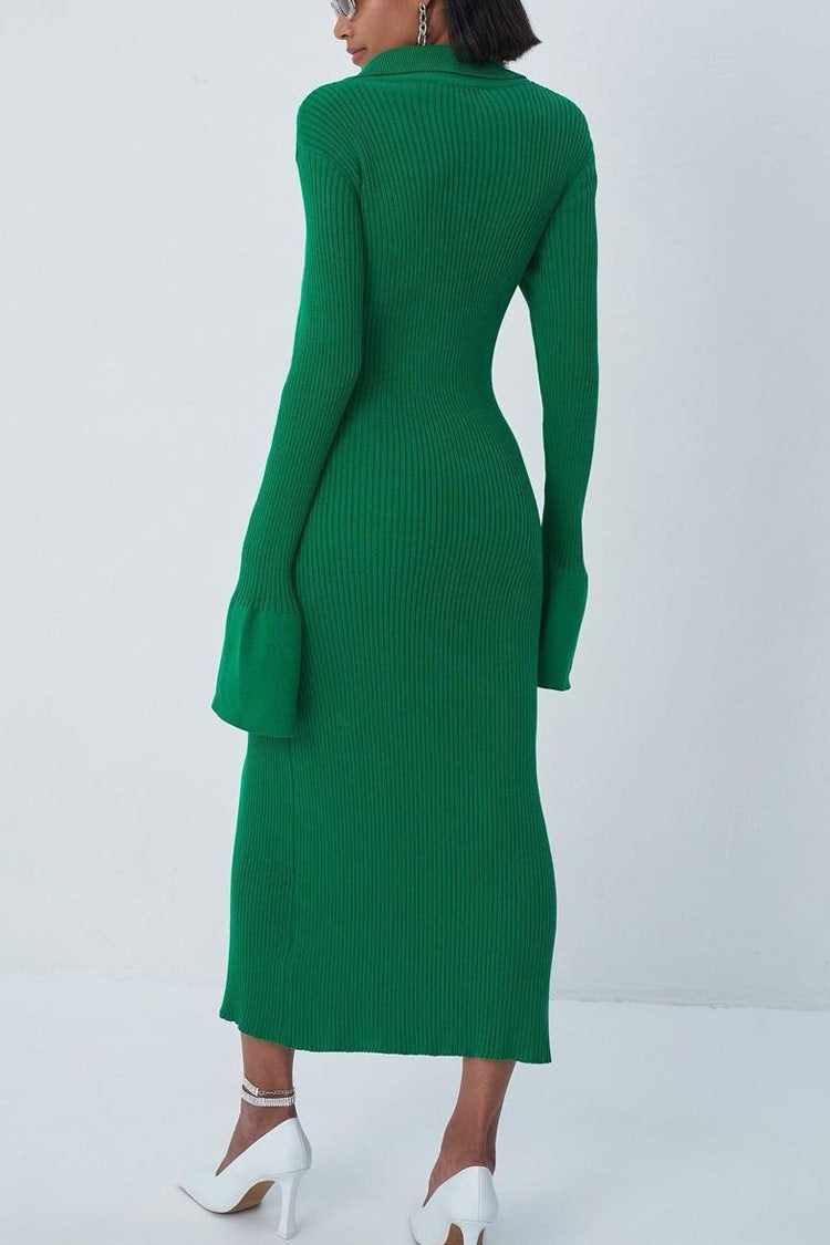 Emerald Green Collared Long Sleeve Button Ribbed Knit High Slit Bodycon Midi Dress