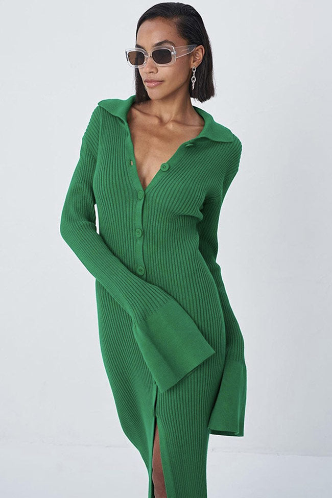 Emerald Green Collared Long Sleeve Button Ribbed Knit High Slit Bodycon Midi Dress