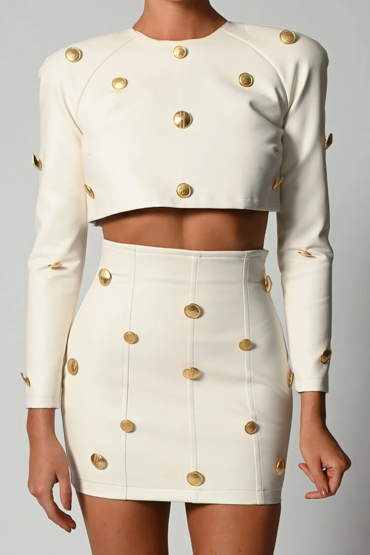 White Round Neck Long Sleeve Button Crop Top Two Piece Mini Set
