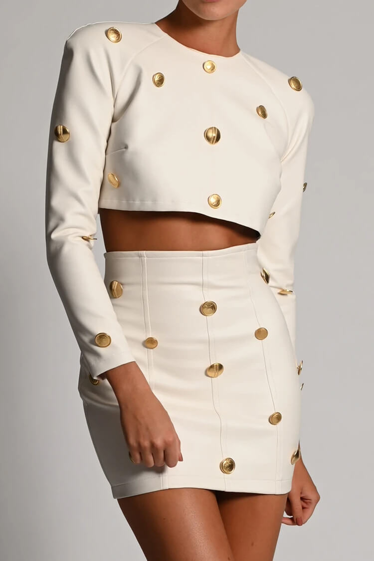 White Round Neck Long Sleeve Button Crop Top Two Piece Mini Set 2