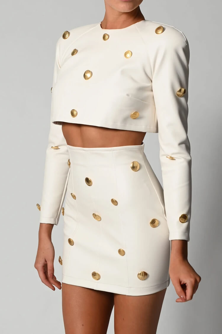 White Round Neck Long Sleeve Button Crop Top Two Piece Mini Set 3
