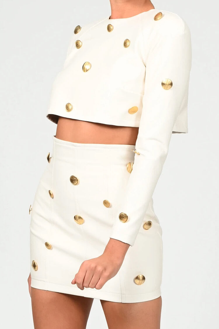 White Round Neck Long Sleeve Button Crop Top Two Piece Mini Set 4