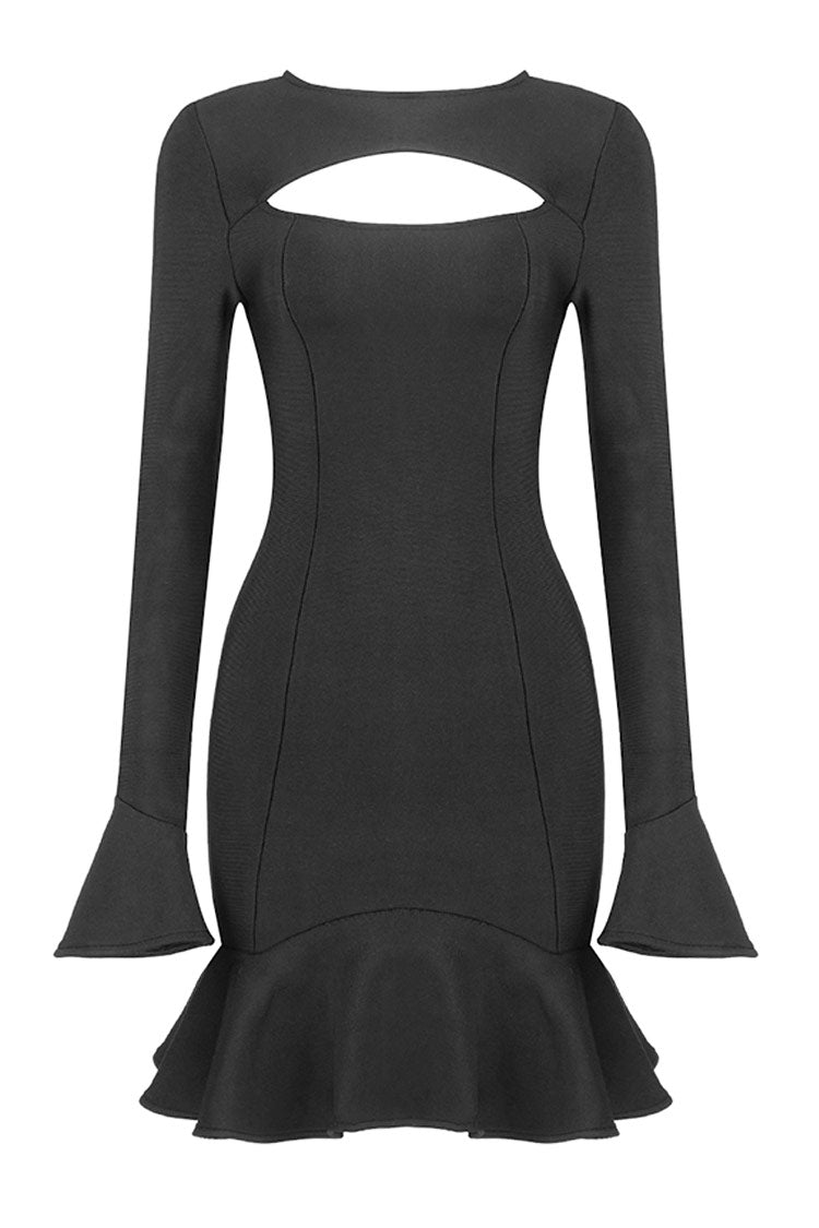 Black Round Neck Long Sleeve Cutout Front Ruffle Hem Bodycon Mini Dress