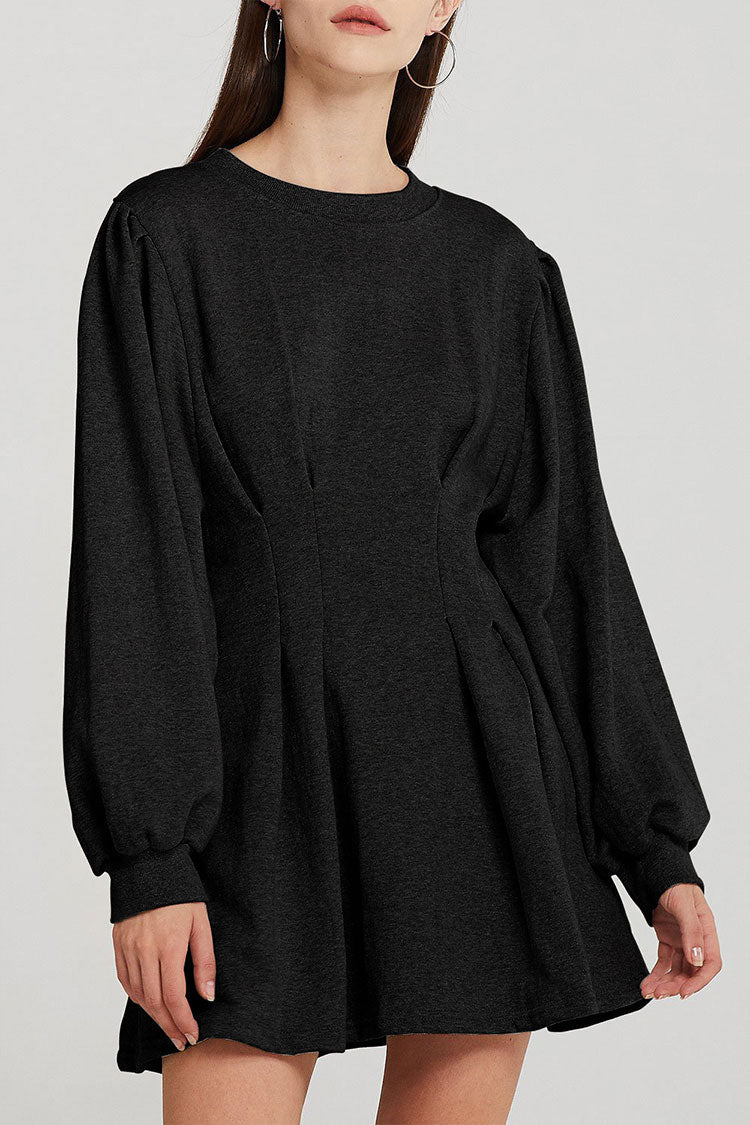 Black Round Neck Long Sleeve Ruched Fit And Flare Knit Mini Dress