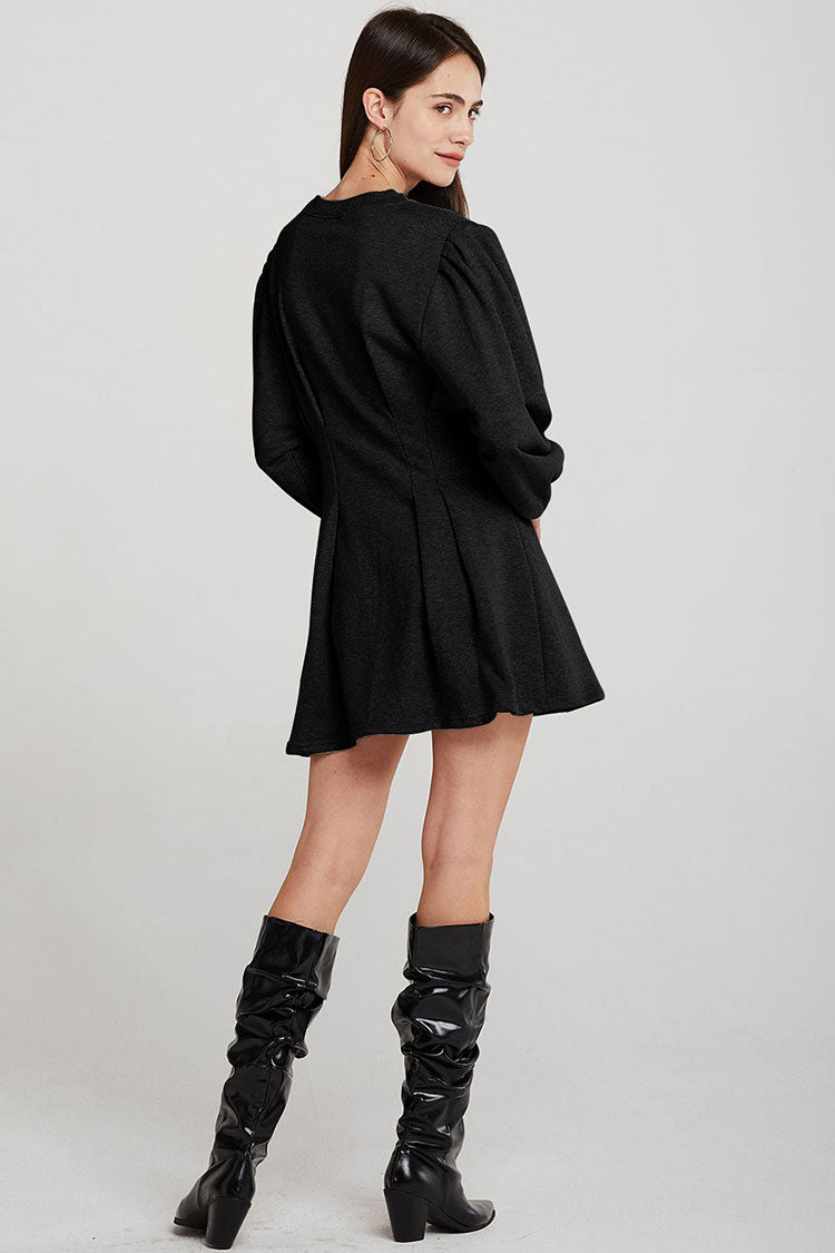 Black Round Neck Long Sleeve Ruched Fit And Flare Knit Mini Dress