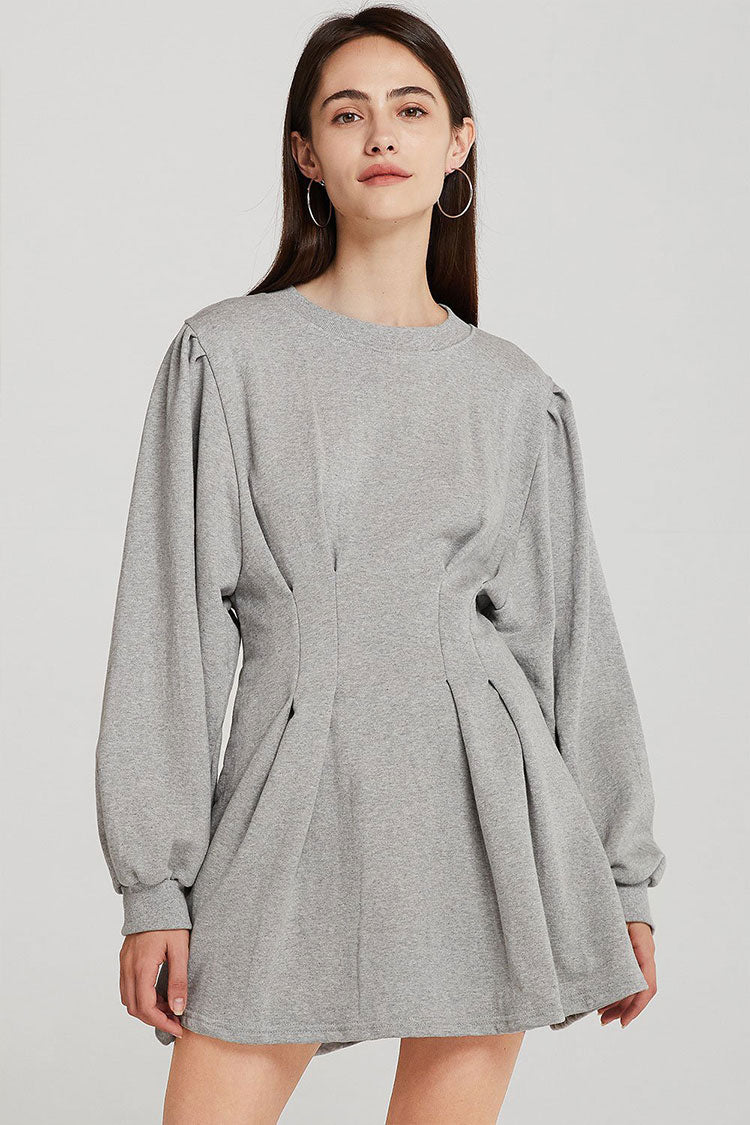 Gray Round Neck Long Sleeve Pleated Fit and Flare Sweatshirt Mini Dress