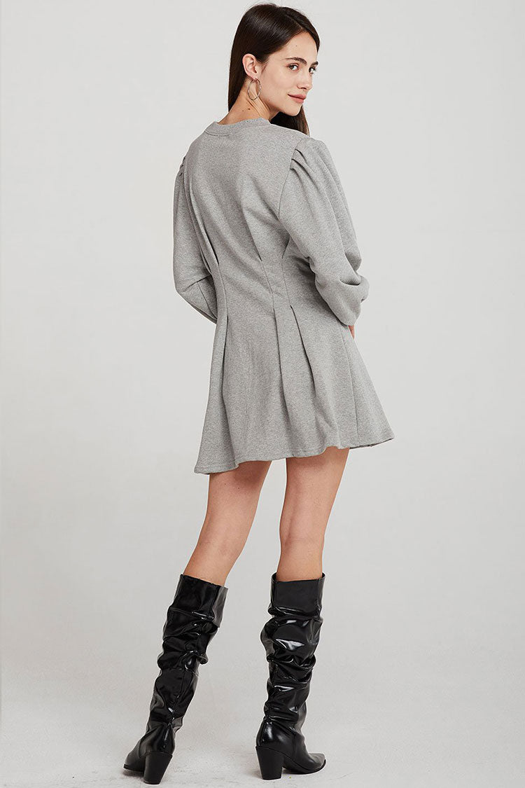 Gray Round Neck Long Sleeve Pleated Fit and Flare Sweatshirt Mini Dress 3