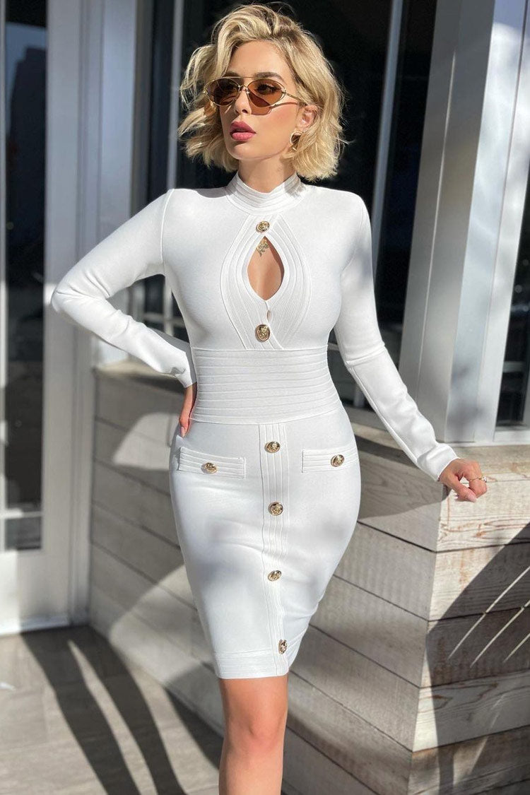 White High Neck Keyhole Button Front Long Sleeve Bandage Bodycon Mini Dress