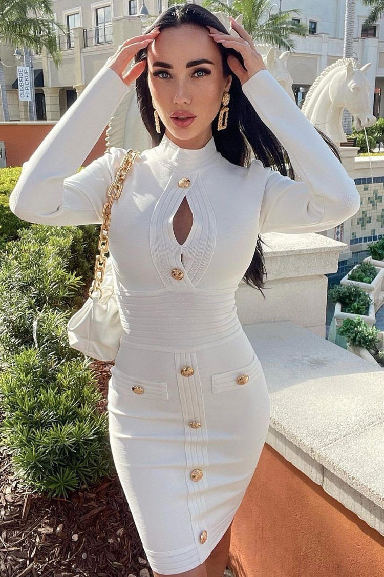 White High Neck Keyhole Button Front Long Sleeve Bandage Bodycon Mini Dress