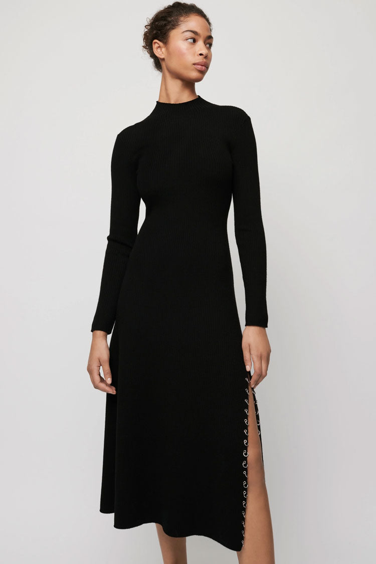 Black High Neck Long Sleeve Ribbed Knit Side Slit Sweater Midi Dress