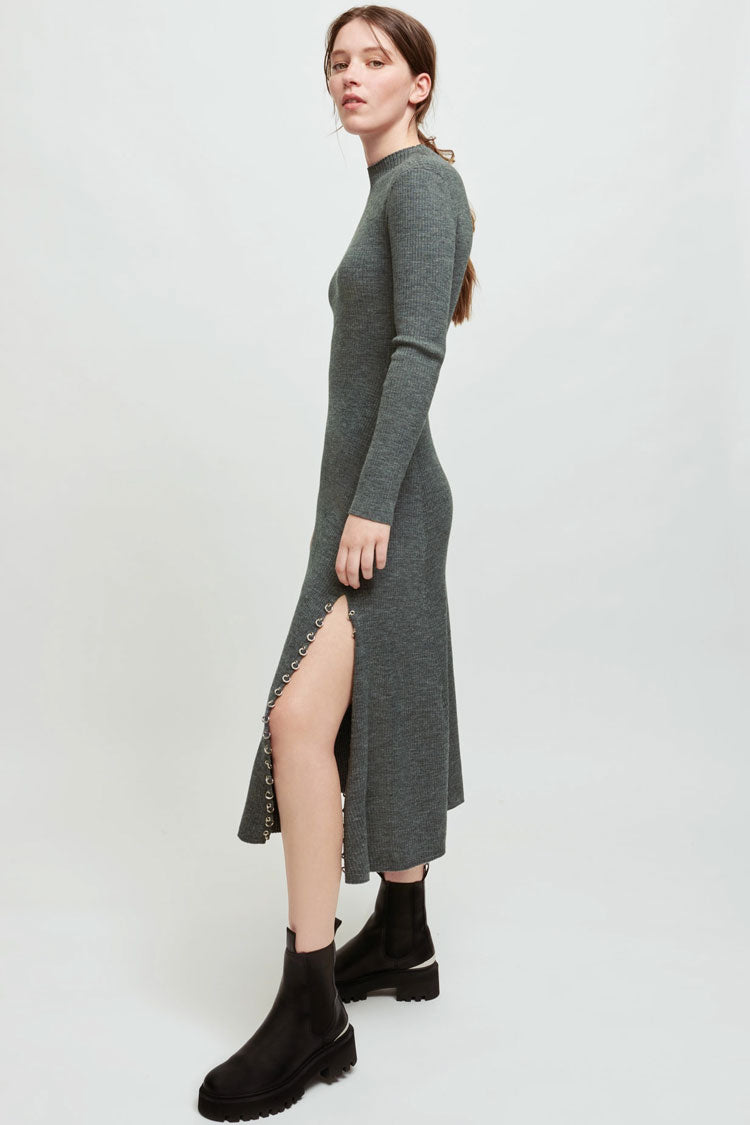 Gray High Neck Long Sleeve Ribbed Knit Side Slit Sweater Midi Dress