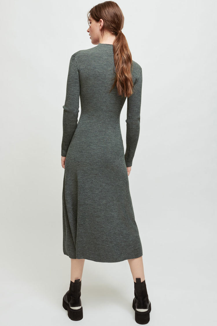 Gray High Neck Long Sleeve Ribbed Knit Side Slit Sweater Midi Dress