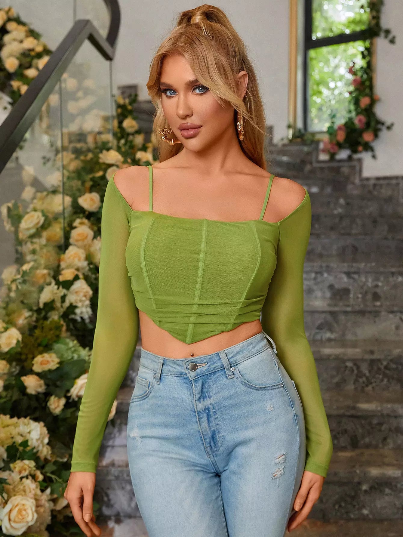 Long Sleeve Mesh Crop Top